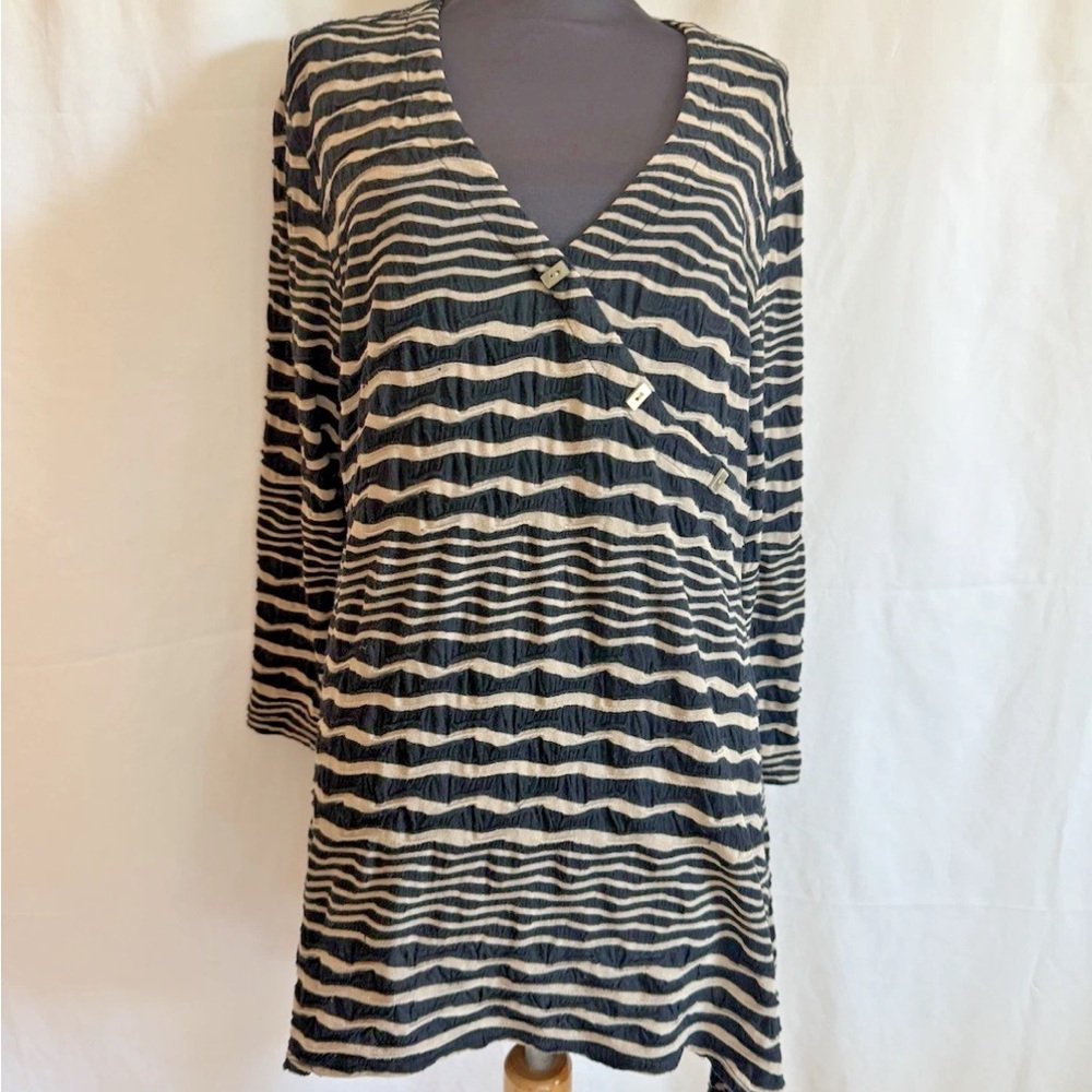 Tianello Black Tan Striped Faux Wrap Knit Top - Size Large